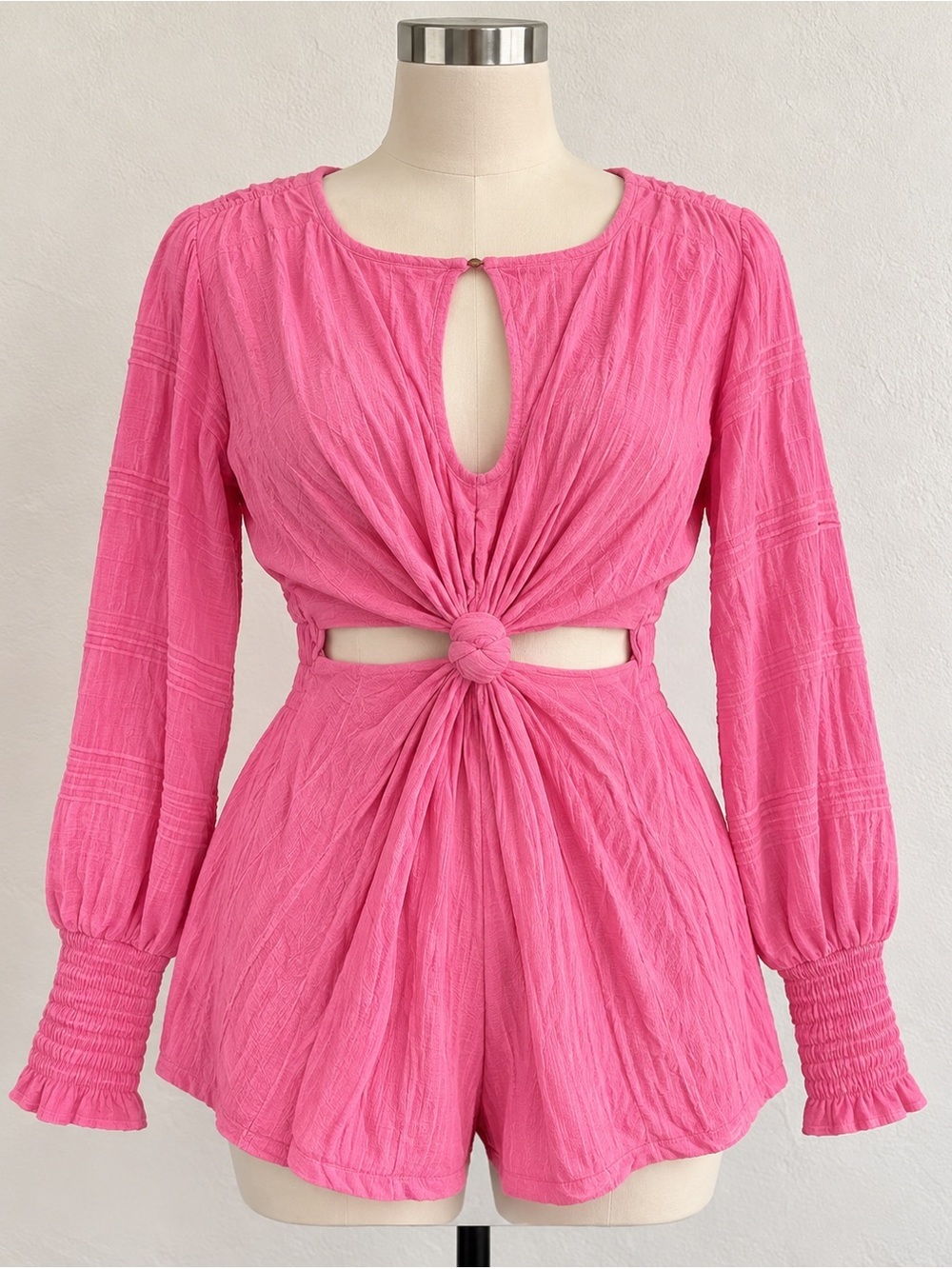 Free People Pink Textured Romper with Front Knot Accent small